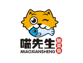 曾翼的餐厅动物卡通标志-喵先生酸菜鱼logo设计